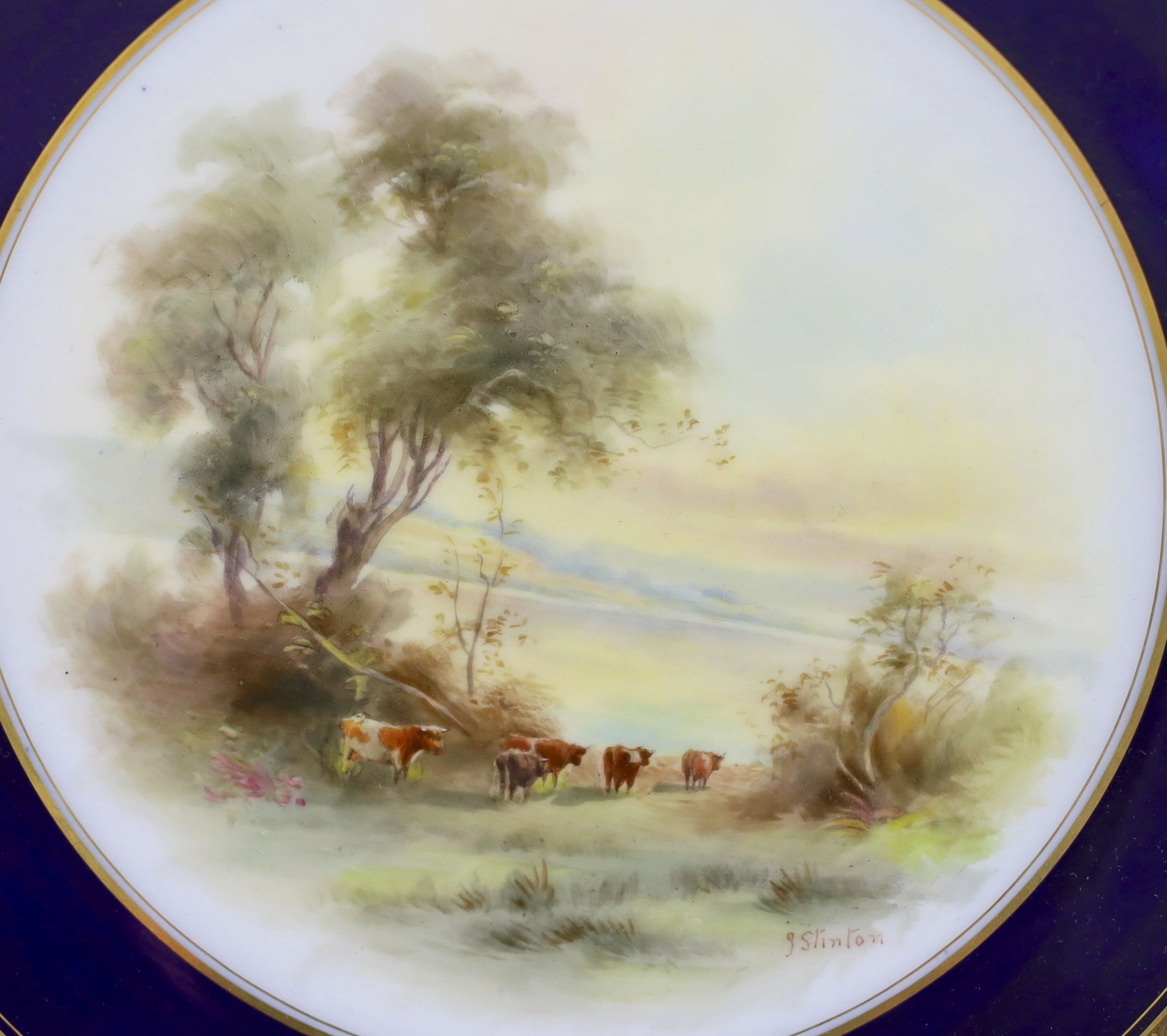 Two Royal Worcester Stinton painted ‘cattle at dusk’ plates, c.1912, 23 cm diameter